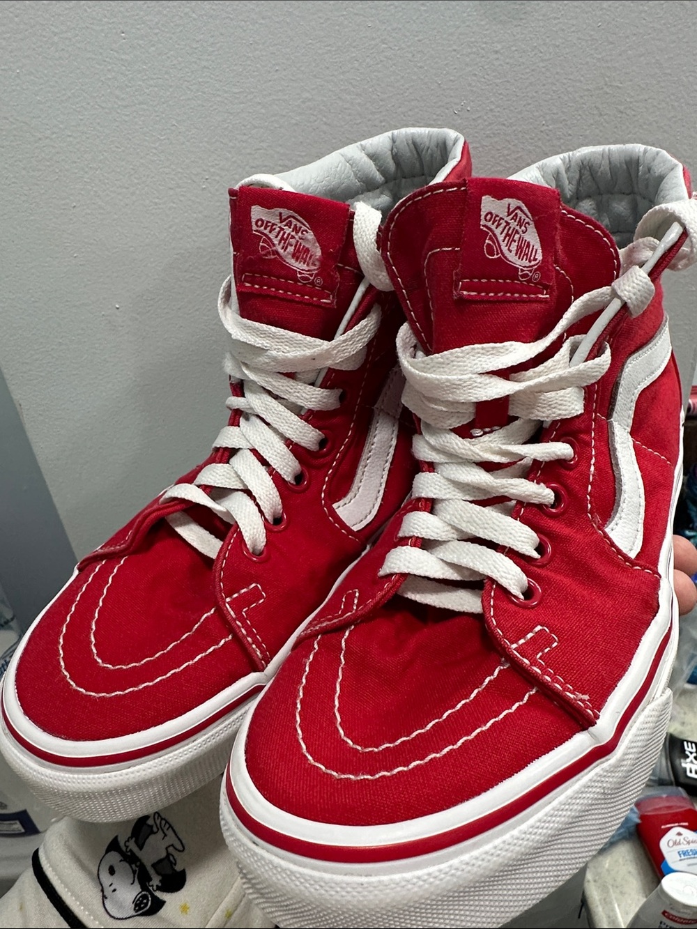 Vans Red and White High-Top Skate Sneakers